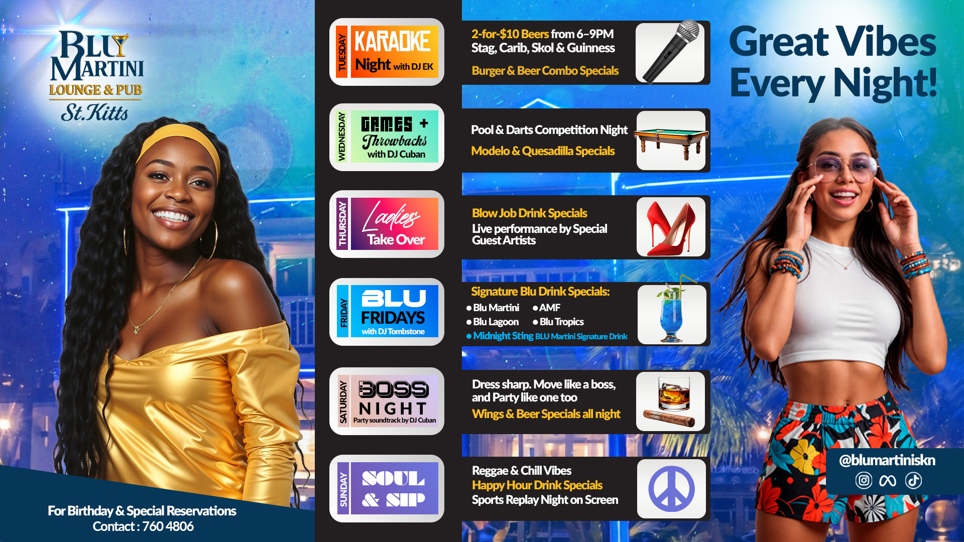 Blu Martini weekly calendar TV screen, lounge schedule and promos